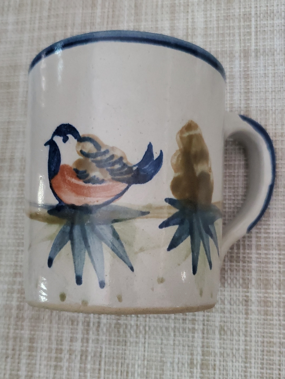 Hand-Painted Bird Ceramic Mug – Light Grey with Blue and Brown Accents USA